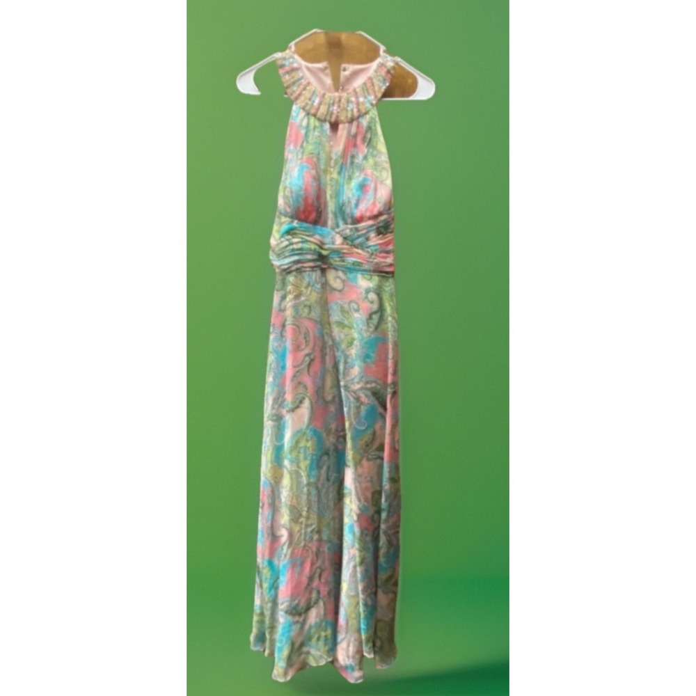 Cachet Women's Sz 6 Dress Pink & Green Blue Beaded Neckline Paisley Print - Picture 2 of 16